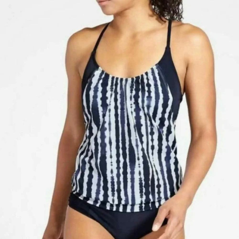 Athleta Wave Break Navy Blue & White Tie-dye Built-in Bra Swim Tankini 34B/C